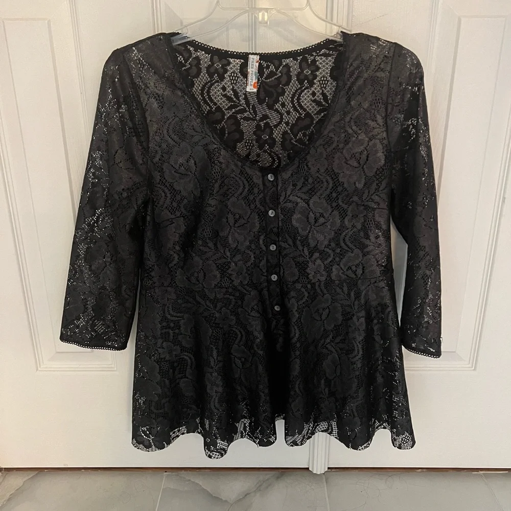 New free people black lace top iridescence blouse size small peplum style - Picture 2 of 9